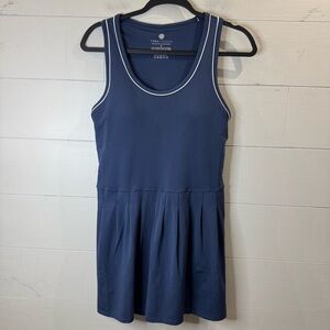 Yogalicious Tennis Dress in Navy Blue With White Trim And A Pleated Skirt Medium